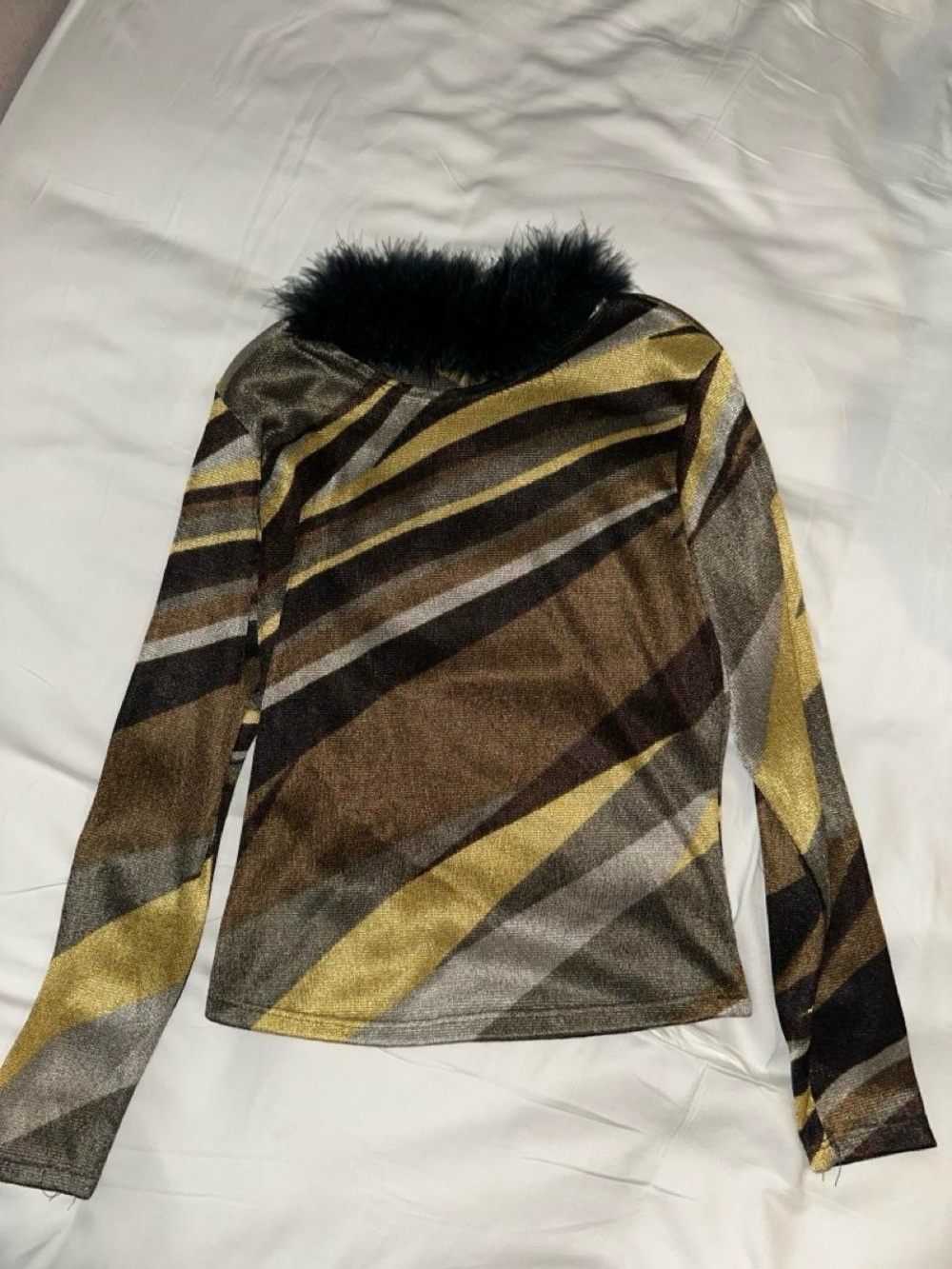 Vintage Striped Metallic Long-Sleeve Top with Faux-Fur Collar - Gold/Brown/Black